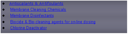 Text Box: Antiscalants & AntifoulantsMembrane Cleaning ChemicalsMembrane DisinfectantsBiocide & Bio-cleaning agents for on-line dosingChlorine Deactivator
